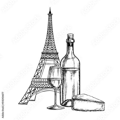 A bottle of white wine, a glass, and French cheese in front of the Eiffel Tower. Vector, hand-drawn graphic illustration. French cheese and wine. For packaging and labels. For banners and posters.