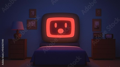 Retro Styled Bedroom With Glowing Television in Evening Light Generative AI