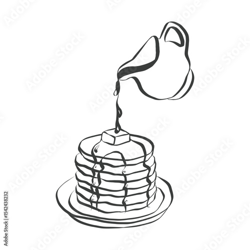 Doodle of fluffy pancakes with syrup and butter. Whimsical icon of breakfast in simple crayon and sketch style. Trendy art for menus and brunch invitations. Vintage vector illustration