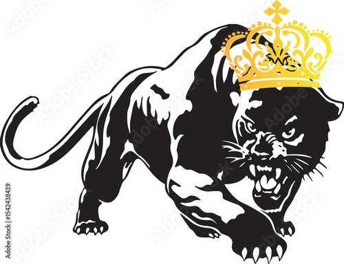 A powerful and majestic vector illustration of a black panther in a dynamic, aggressive stance, wearing an ornate golden crown. This artwork symbolise strength, royalty, and dominance, combining the 