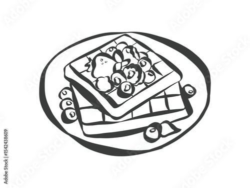 Doodle of belgian waffles with berries. Whimsical icon of breakfast in simple crayon and sketch style. Trendy art for menus and brunch invitations. Vintage vector illustration
