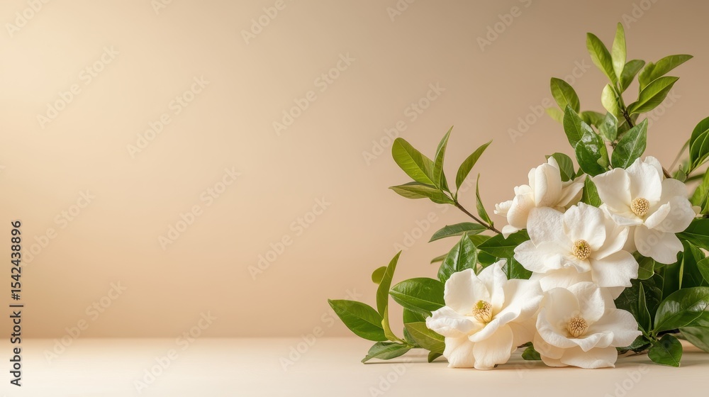 Naklejka premium A delicate arrangement of white flowers with lush green leaves set against a soft beige background, symbolizing purity, freshness, and the beauty of nature.