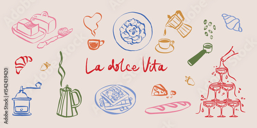 La dolce vita doodles. Whimsical icons of Italian food in simple crayon and sketch style. Trendy art for menus and dinner brunch invitations. Vintage vector illustration