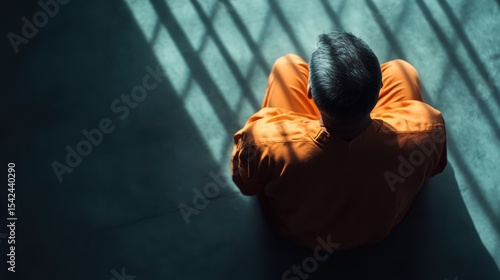 A solitary figure sits in a dimly lit cell, representing themes of isolation and confinement as light casts dramatic shadows through bars, evoking deep emotions and stark realities.