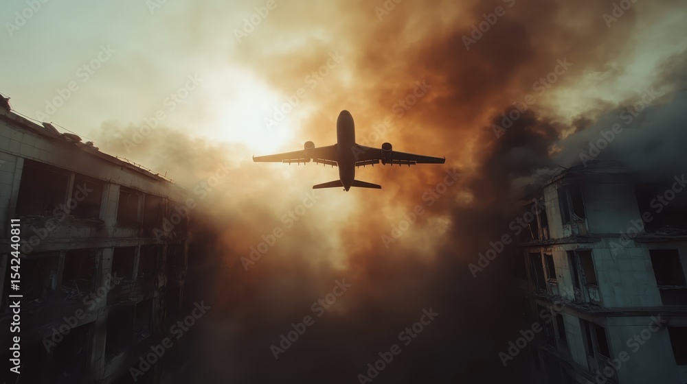 Naklejka premium An airplane flies dramatically through a smoky atmosphere, creating a stark contrast against the glowing skyline revealing the impact of destruction on urban landscapes.