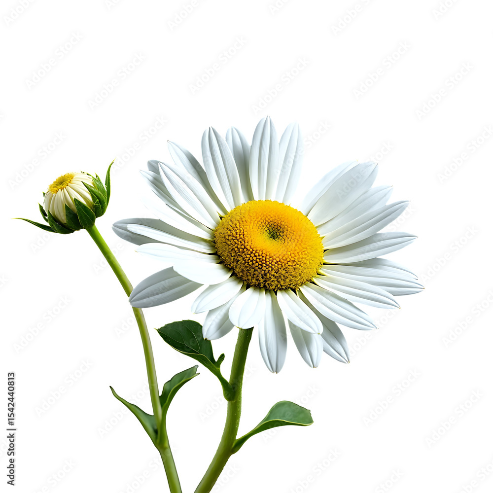 Fototapeta premium White daisy flower with green leaves and bud on white background 