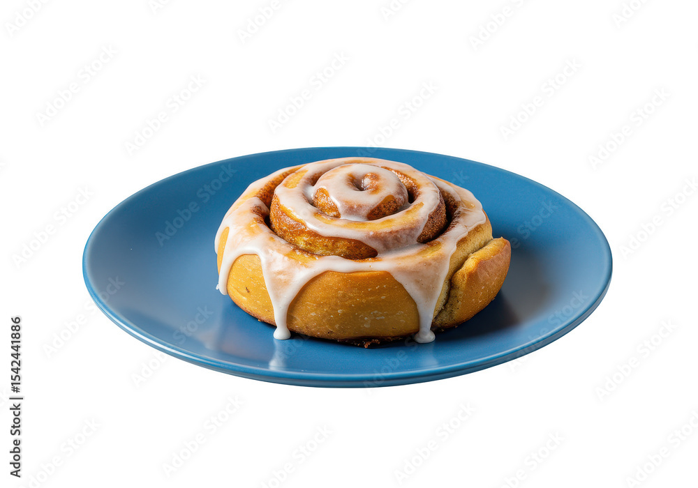 A cinnamon roll with icing on a blue plate is displayed in a studio setting for a food photography shot on transparent background A cinnamon roll with icing on a blue plate is displayed in a studio setting for a food photography shot on transparent background