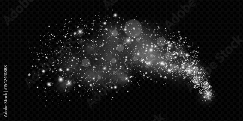 Silver glitter dust trail with sparkling stars and shimmering particles on dark background. Magical and festive atmosphere. Perfect for holiday, Christmas or New Year themes. Vector illustration.