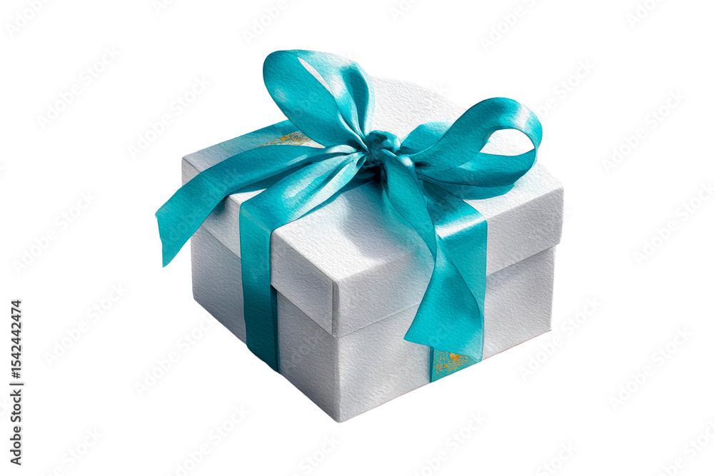 Obraz premium Elegant white gift box with turquoise ribbon on transparent background