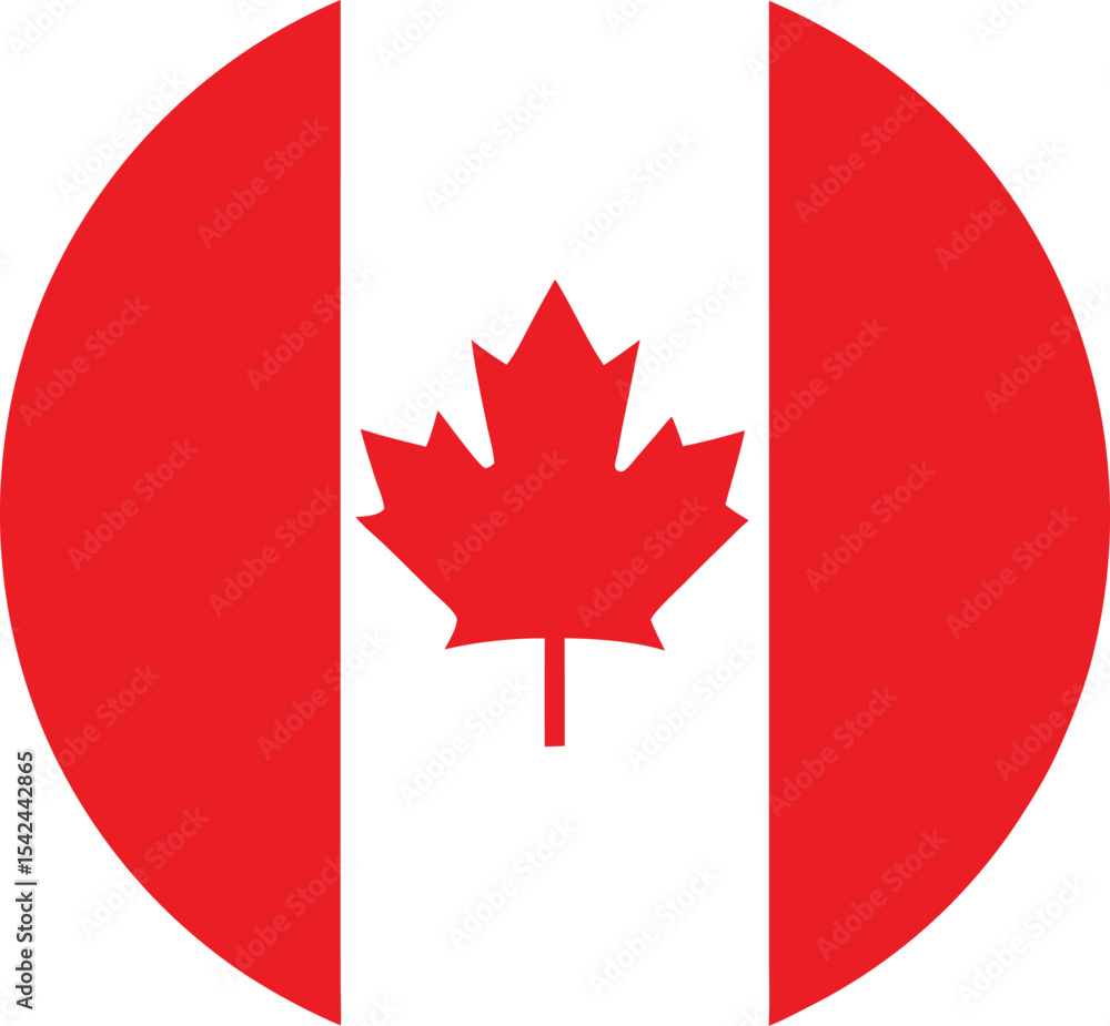 Obraz premium canada flag in a circle, round icon with red maple leaf vector illustration