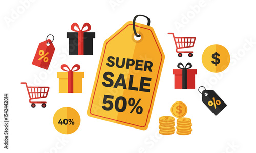 Super Sale 50%" Price Tag with E-commerce Shopping Elements. A "Super Sale 50%" tag surrounded by shopping carts, gifts, and discount icons.