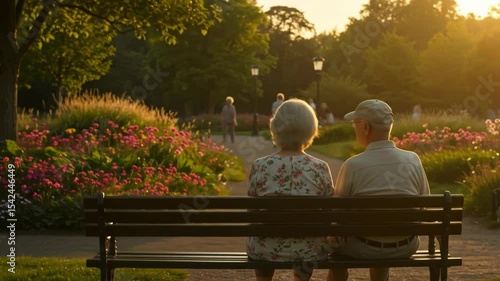 Senior couple relaxing on a bench in sunlit flower park  