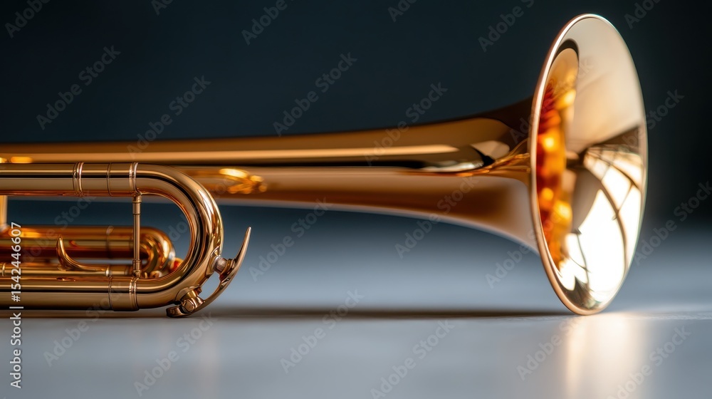 Obraz premium A beautifully polished brass trumpet rests on a surface, capturing light and reflecting its surroundings, emphasizing the intricacies of its design and craftsmanship.