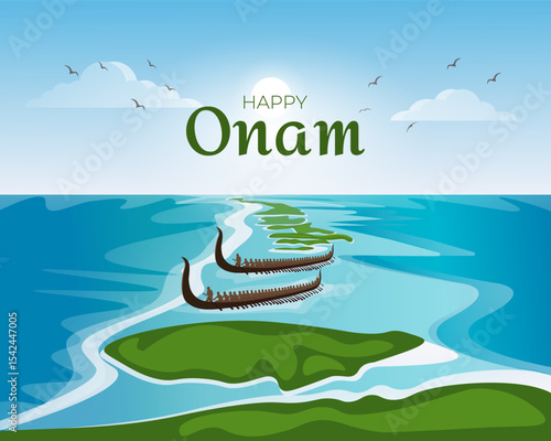 Vector scene of Vallam Kali boat race, long Chundan Vallam boats with dozens of rowers gliding through water, set against green islands.Happy Onam Festival.