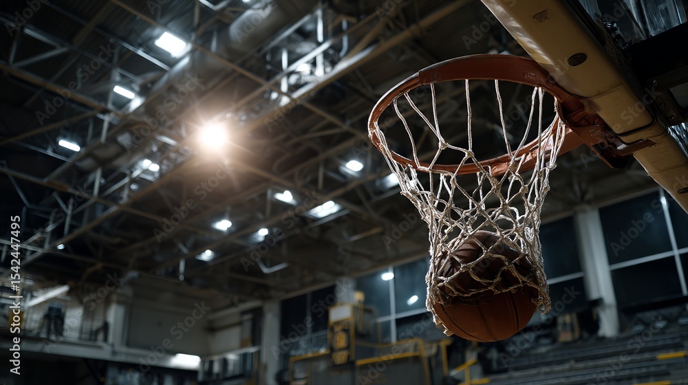 A basketball swishing through a hoop in an indoor court with a high ceiling and bright lighting system A basketball swishing through a hoop in an indoor court with a high ceiling and bright lighting system