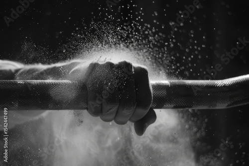 Strong grip: hand with chalk on barbell