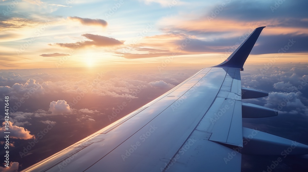 Fototapeta premium Sunset view from airplane wing above clouds