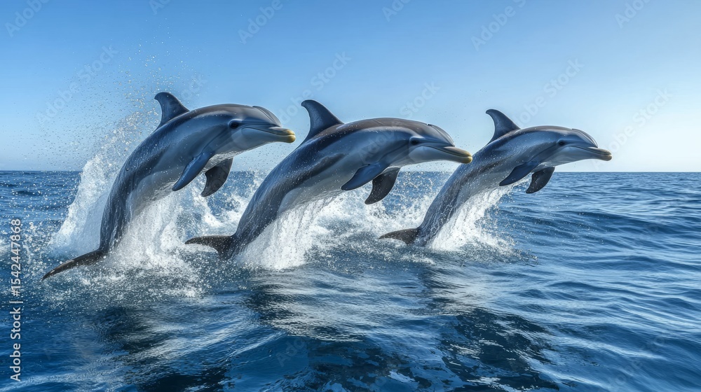 Fototapeta premium Dolphins Jumping Ocean Blue Sky