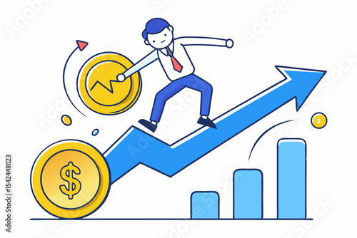 Wealth surfing concept, person riding rising arrow with gold coins, financial growth, investment success, economic trend, market upswing.