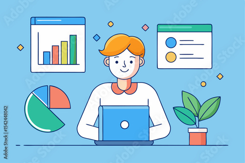 Data analysis work, person using laptop with financial charts, business report, office productivity, economic insight, professional planning concept.