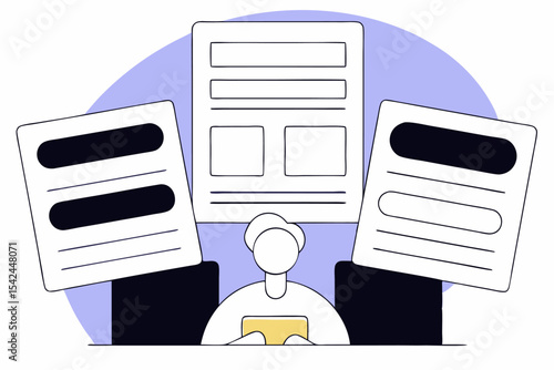 Document management challenge, person surrounded by large files with device, office workload, professional organization, information overload, business efficiency concept.
