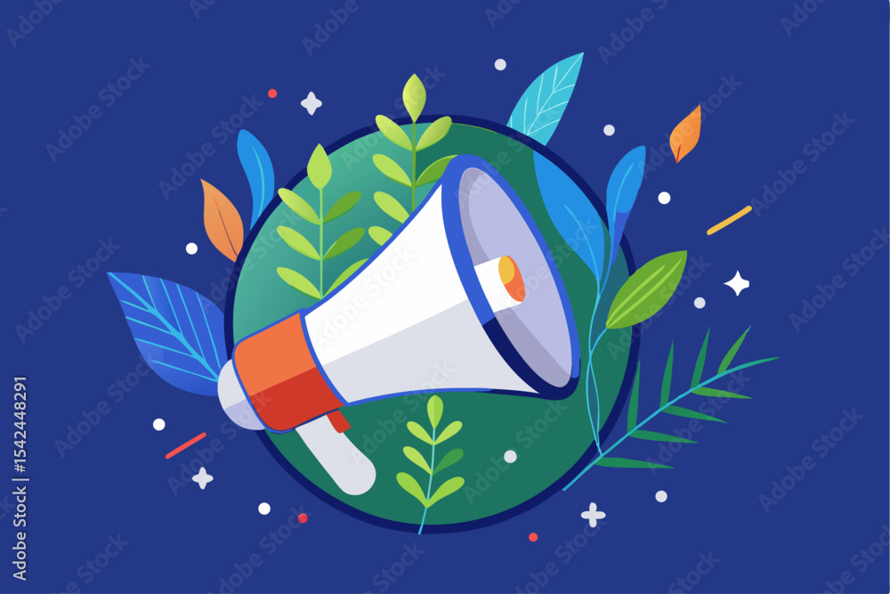 Naklejka premium Megaphone with green leaves and globe, environmental or public announcement concept, communication, eco - friendly message, vector illustration for activism or promotion. 