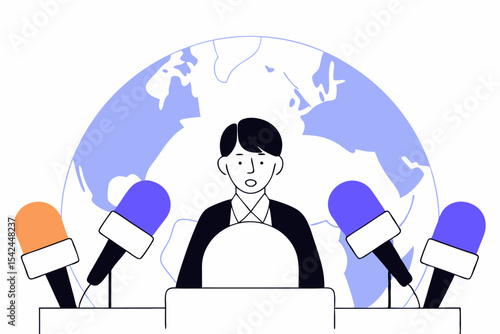 Minimalist press event, person at podium with microphones and world map, media communication, public speech, global