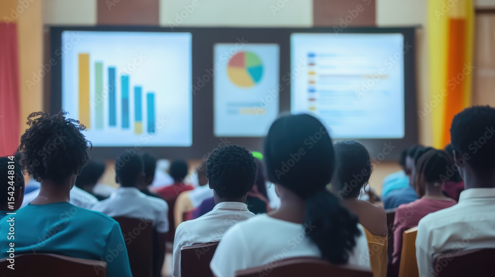 Fototapeta premium Two female advocates present data charts and graphs on a large screen to an engaged audience at a professional business conference or seminar