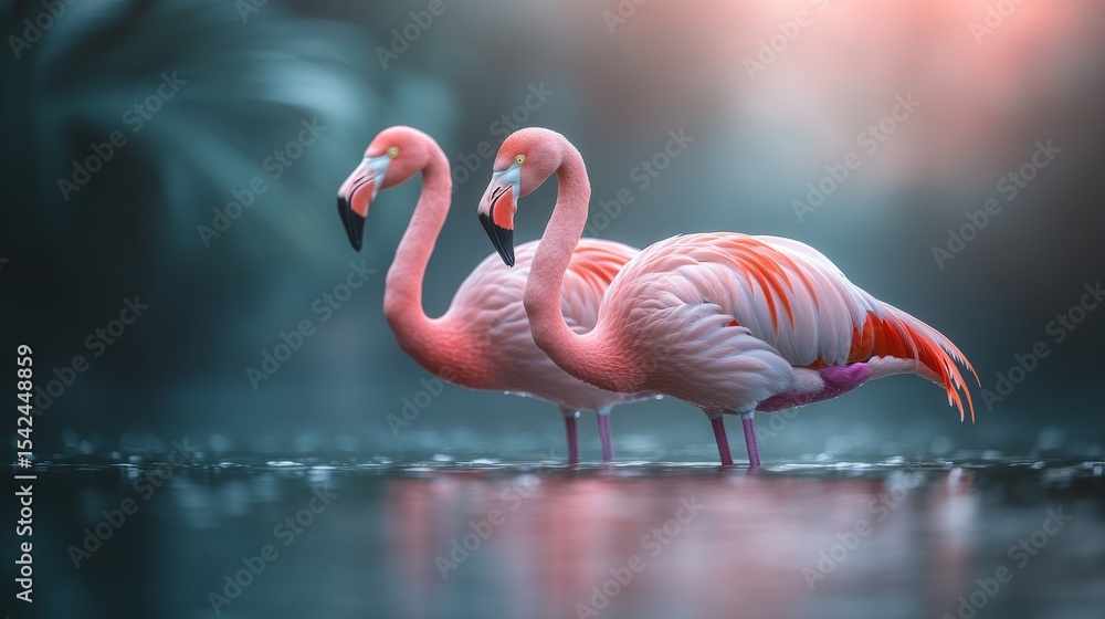 Naklejka premium Flamingos in a misty habitat