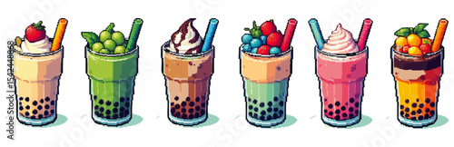 Colorful illustrations of various bubble tea beverages with different toppings and flavors.