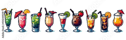 A vibrant row of colorful, garnished cocktail illustrations in various glass shapes.