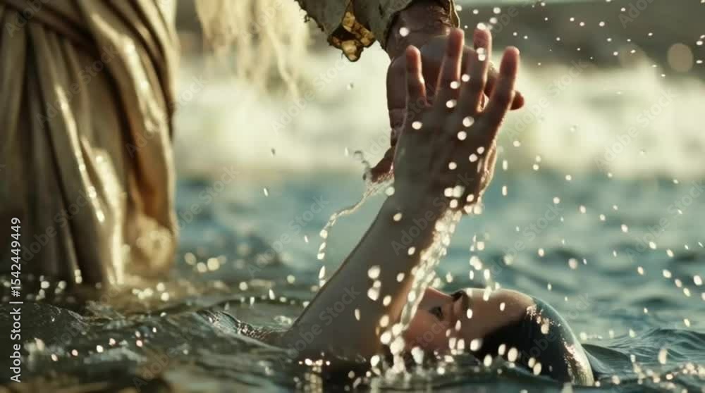 Visual representation of Jesus Christ on the water reaching out in a sign of help. Concept of Jesus the Savior and the hand of God.