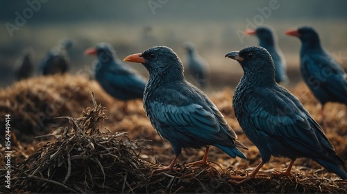 Rook Birds Standing on Ground Looking into the Distance Together