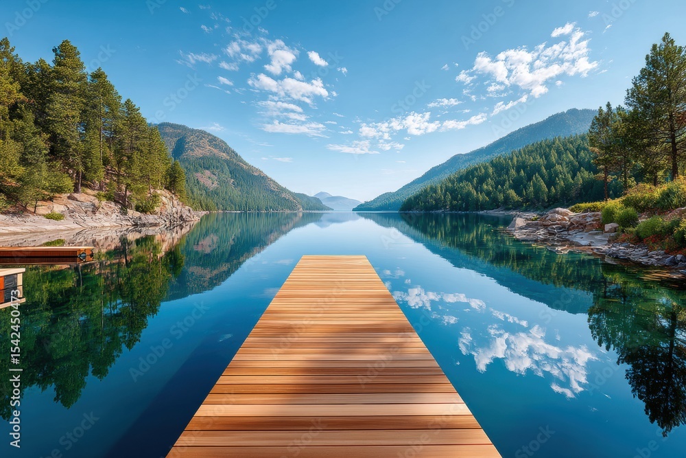 Obraz premium Tranquil mountain lake with wooden dock and reflecting clear blue sky