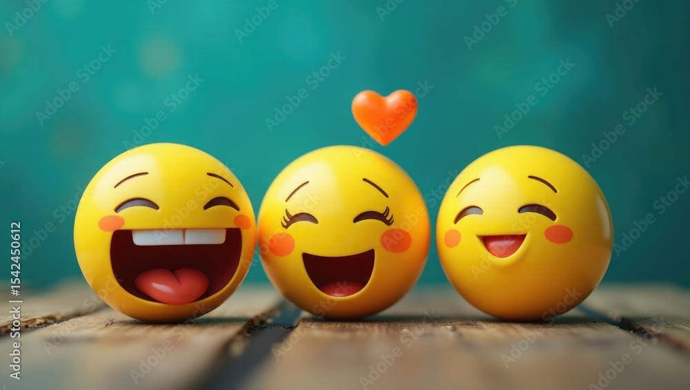 Three happy emojis with a heart representing love and friendship Three happy emojis with a heart representing love and friendship