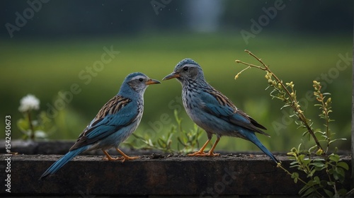 Two Blue Roller Birds Perched Together on a Concrete Ledge Outdoors