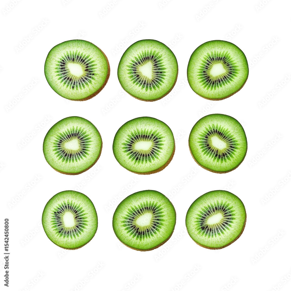 Kiwi Slices Delight: A vibrant and appetizing image showcasing meticulously arranged kiwi slices, their striking green flesh and delicate seeds offering a refreshing visual treat. Kiwi Slices Delight: A vibrant and appetizing image showcasing meticulously arranged kiwi slices, their striking green flesh and delicate seeds offering a refreshing visual treat.