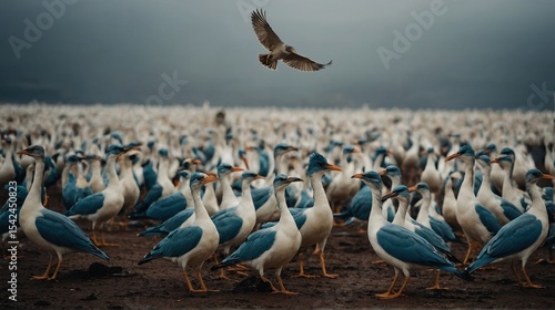 Large Group of Blue and White Birds Congregated on the Muddy Ground with Bird Flying Overhead