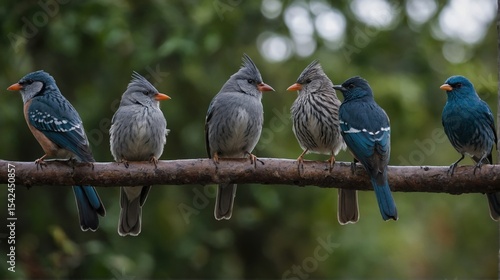 Perched Birds on Branch Displaying Gray and Blue Plumage in Forest Setting