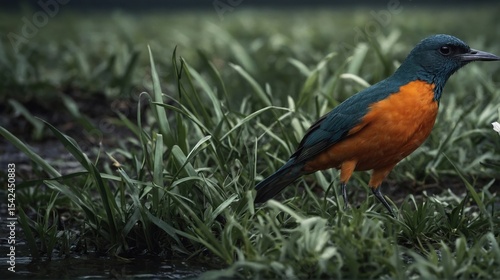 Chestnut bird in wetland habitat, detailed feathers and grasses under overcast light