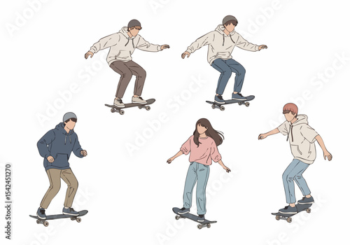 Flat Illustration Group of Diverse People Enjoying Skateboarding Sport Activity