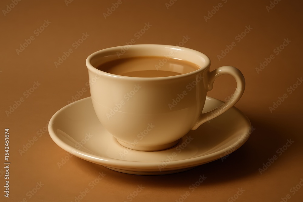 A cozy cup of coffee with milk, sitting on a matching saucer against a warm brown backdrop, perfect for a relaxing morning or afternoon break at home. A cozy cup of coffee with milk, sitting on a matching saucer against a warm brown backdrop, perfect for a relaxing morning or afternoon break at home.