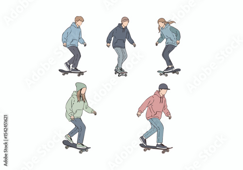 Trendy Handdrawn Skateboard Ride Illustration of Five People in Streetwear