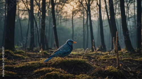Blue Bird Stands on Mossy Ground in Forest at Dusk