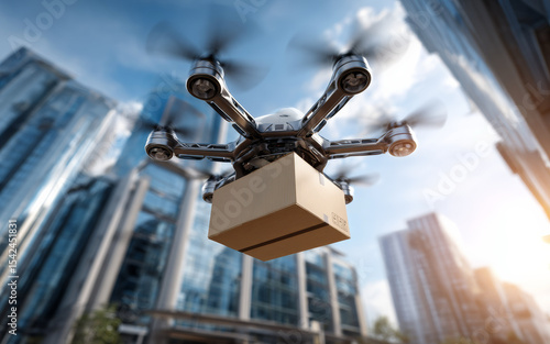 Futuristic drone delivery in downtown area