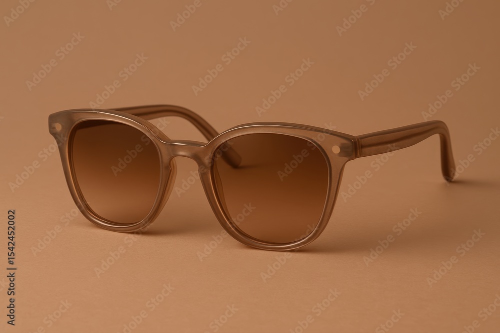 Elegant and stylish sunglasses with a neutral frame and brown gradient lenses, presented on a matching monochrome background to enhance their refined design and appeal. Elegant and stylish sunglasses with a neutral frame and brown gradient lenses, presented on a matching monochrome background to enhance their refined design and appeal.