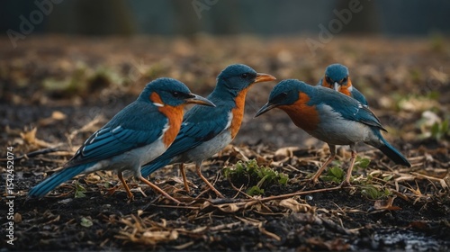Four Orange-Breasted Blue Birds Perched on Ground Looking Around for Food
