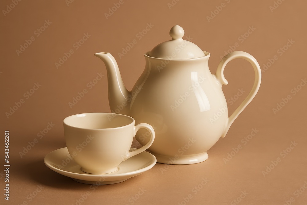 Elegant tea set composed of a teapot, cup, and saucer, presented against a warm brown backdrop, creating a sense of timeless sophistication and serenity. Elegant tea set composed of a teapot, cup, and saucer, presented against a warm brown backdrop, creating a sense of timeless sophistication and serenity.