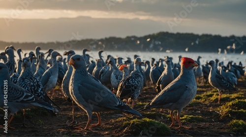 Flock of Gray Pigeons Standing on Ground by Water at Dusk with Mountain Backdrop