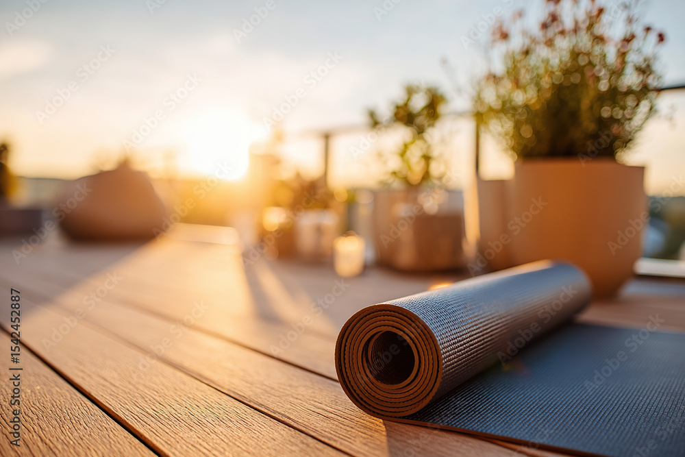 Sunrise yoga preparation on a terrace with a mat and plants in view Sunrise yoga preparation on a terrace with a mat and plants in view